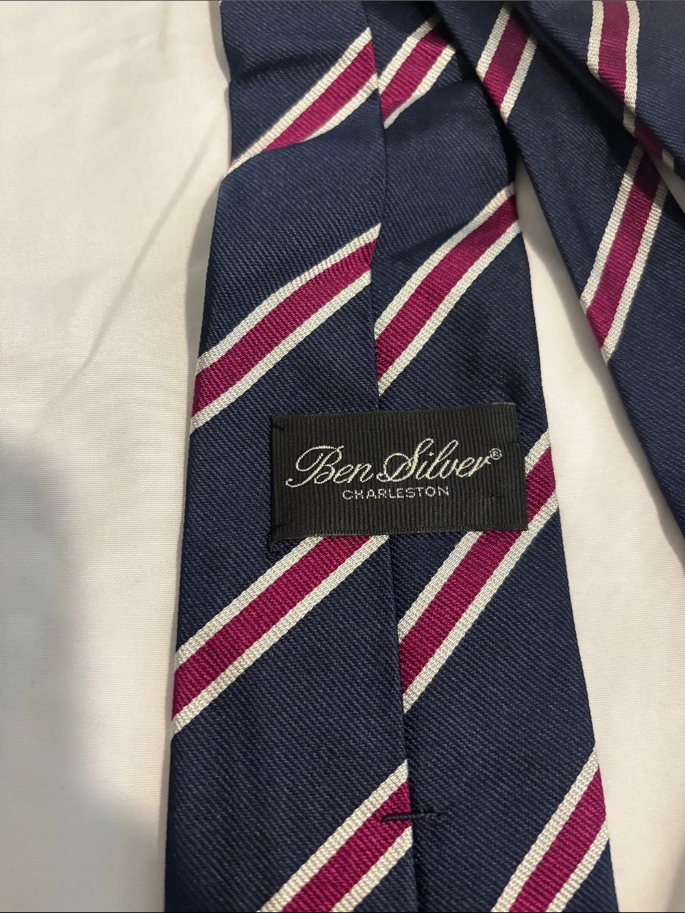 Navy Striped Men's Tie with Burgundy and White Accent